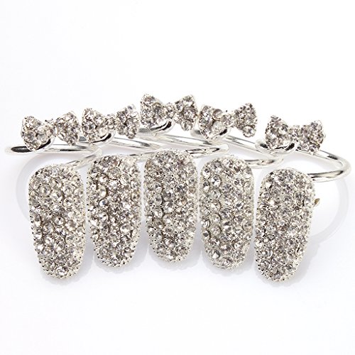 5pcs Rhinestone Bowknot Nails Ring Finger Tips Art Jewelry Wedding Silver