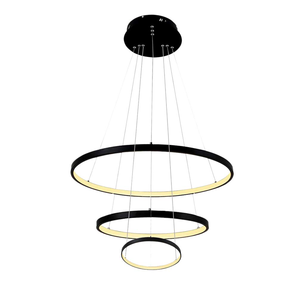 LRUII LED Pendant Light Fixture Modern Round Ceiling Lighting Indoor Chandelier Contemporary Lamp (Warm Light, 3 Ring Black 40cm 60cm 80cm) Comfortable Anniversary