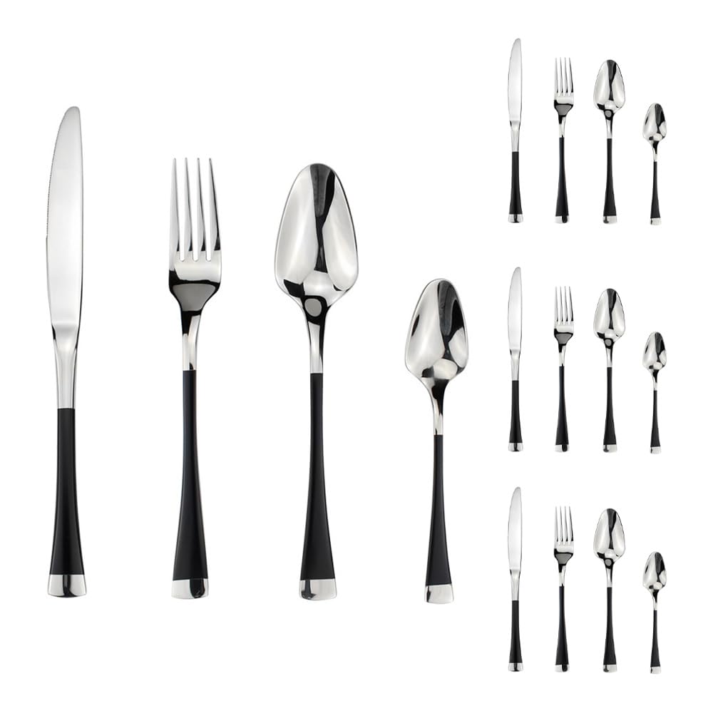 Manico Unico Cucina in Acciaio Inox Argenteria Stoviglie Posate Set Bistecca Coltello Forchetta Cucchiaio Cucchiaino (Nero,16 pezzi)