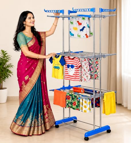 Image of 3-Tier Clothes Drying Rack with Wheels, Steel Rods, Blue, Foldable Laundry Stand with Towel Bar