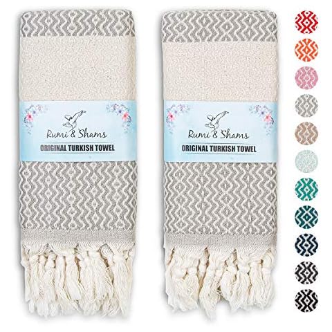 Rumi&Shams Turkish Hand Towels for Bathroom | 100% Cotton Farmhouse Hand Towels | 2 Pcs Decorative Towels for Bathroom | 16 x 35 Inches Turkish Towels | Soft Kitchen Hand Towels (Light Grey) Cover