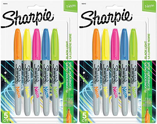 Sharpie 1860443 Neon Permanent Markers, Fine Point, Assorted Colors, 5 Count Pack of 2