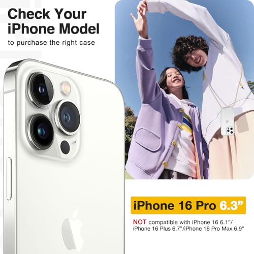 GOODVISH Handykette für iPhone 16 Pro Hülle mit Band (6.3") | Kameraschutz und Bildschirmschutz | | Necklace Handyhülle mit Schnur Schutzhülle für zum Umhängen | Transparent Case mit Kordel, Helbraun 2