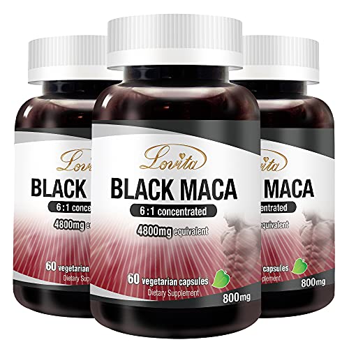 Lovita Black Maca Root Capsules 4800 mg, Ultra High Potency 6:1 Concentrated Extract, Supports Reproductive Health, Stamina and Mood, Natural Energizer, 60 Vegetarian Capsules(Pack of 3)