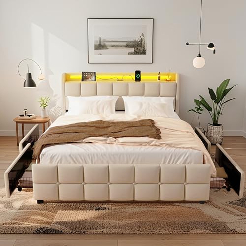 XMETPR Doppelbett mit Polster 140x200 cm, Funktionales Bettgestell mit 4 Schubladen & LED-Beleuchtung & 2 USB- & 2 AC-Ladestationen, Holzlattenrost, Leinenbezug, Plattformbett, geräuschfrei, beige