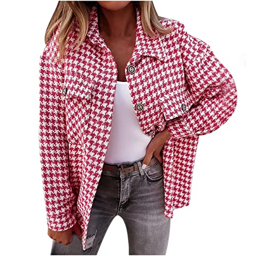 Damen Wolljacke Loose Herbst Winter Mantel Elegant Geschäft Büro Blazers Klassisch Houndstooth Aufdruck Jacke Warm Kurz Wollmantel Lässige Umlegekragen Outwear Button-down Strickmantel Cover