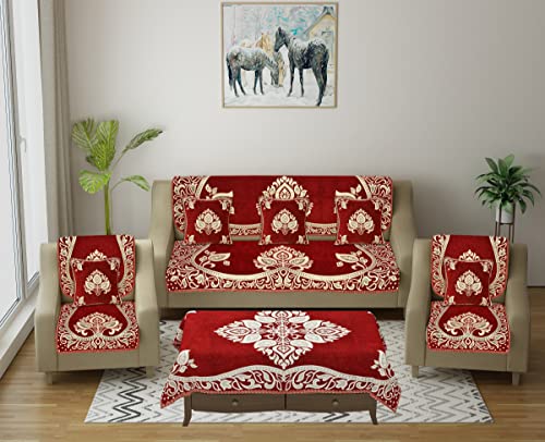 Image of Sofa Seater Slip Covers 5 Seater with Cushion and Table Cover - 3+2 Seater Velvet Sofa Cover Set for Single Sofa Couch - Sofa Seat Protector Slip and Back Covers, 2701 Maroon