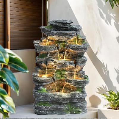 Grepatio Outdoor Water Fountain 7 Tier Cascading Rock Waterfalls Fountains with LED Lights and Pump Indoor/Outdoor Modern Floor Standing Garden Water Fountain for Yard, Patio, House Decor