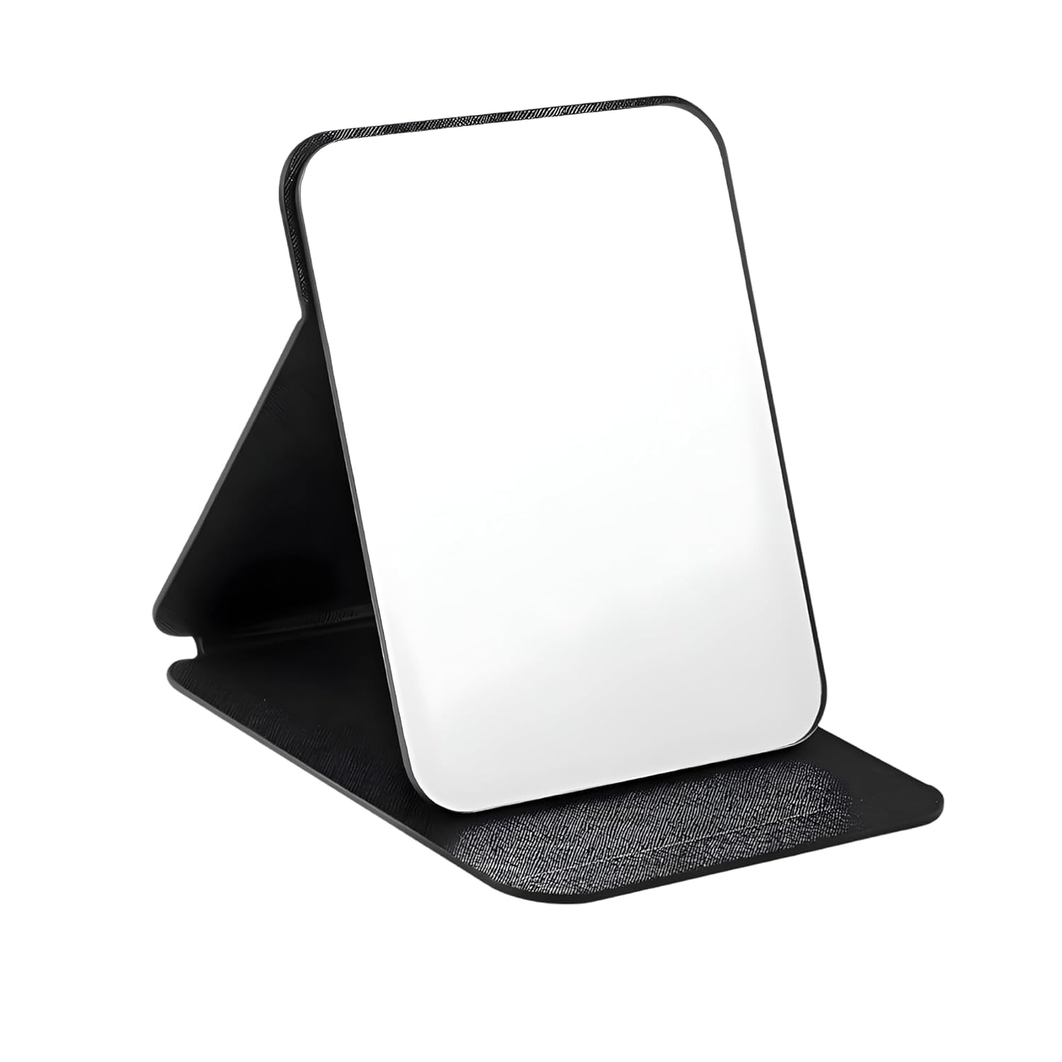 Foldable Makeup Mirror with Stand Portable Travel Vanity Table Top Mirror for Women & Men | Rectangle 16x11cm PU Leather, Black, Adjustable & Compact (Black)-image-1