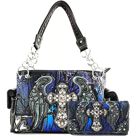 Zelris Camouflage Shine Glow Cross Wings Women Conceal Carry Handbag with Wallet (Blue) Cover