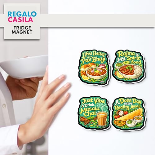 Image of Regalo Casila Indian Food Quotes Fridge Magnet 4 Pc Set Tourism Souvenir Wooden Travel Magnet Pav Bhaji Rajma Chai Dosa Refrigerator Magnet Decorative Kitchen Decor Gift