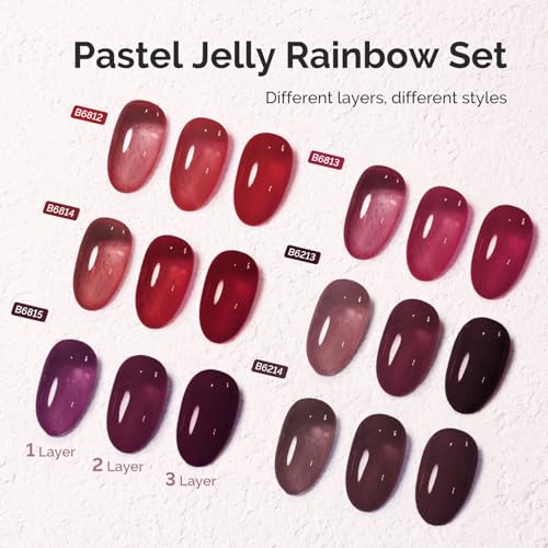 Image of MelodySusie Jelly Gel Nail Polish Set,6 Transparent Colors,Milky or Jelly Texture,Deep Red Colors Soak Off UV LED Light Cure or Salon Manicure and Nail Art DIY at Home 15ML 0.3Fl Oz
