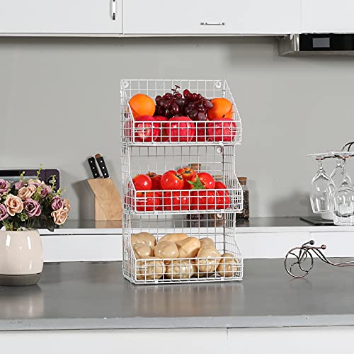 3 Tier Stackable Tea Bag Organizer Large Size With 5 Hooks Metal Wire Basket Coffee Snack Rack Holder Countertop Caddy Bin Wall Mount Shelf For Office Kitchen Cabinet Pantry - White Patent Desgin #TOP4