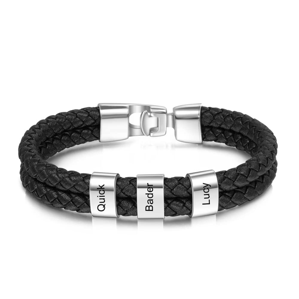 lorajewel Pulsera personalizada para hombre con nombre Pulsera de cuero Cuentas de acero inoxidable Papá Hijo Joyas de Navidad para el Día del Padre