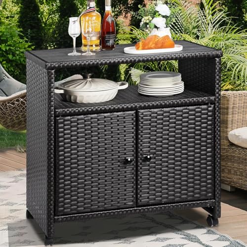 Godappe Outdoor Wicker Storage Cabinet - Patio Bar Table with 2 Doors and Shelves, Rolling Wicker Weatherproof Buffet Cabinet for Outdoor & Indoor (Dark Brown)