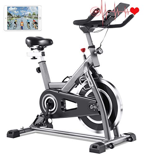FUNMILY Indoor Cycling Bike - Stationary Exercise Bikes with LCD Monitor, Adjustable Resistance, Pad/Phone Holder, Heart Rate, Quiet for Home/Office Workout (Gray)