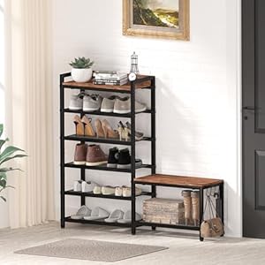   Shoe-Rack-Bench-6-Tier-Shoes-Rack-for-Front-Door-Entrance-Closet-Entryway-Shoe-Storage-Organizer-with-Seat-Made-by-Wood-Metal-Equipment-Multi-Functional-Hooks