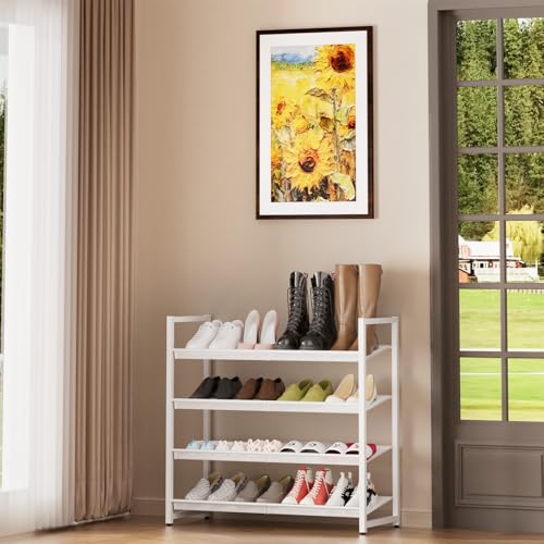 Image of 4 Tier Metal Shoe Organizer, Stackable Shoe Stand for Closet, with Adjustable Flat, Holds up to 20 Pairs, Sturdy Shoe Rack for Entryway Bedroom, White