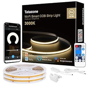 Smart White COB Led Strip Light with Remote, 32.8ft 3000K Bright Warm White WiFi COB Light Strip Compatible with Alexa Google, Dimmable Indoor Led Lights for Cabinet, Room, 2 Rolls of 16.4ft