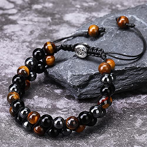 2 Pieces Lava Rock Bead Bracelets Hematite Black Obsidian Tiger Eye Stone Bracelet Healing Crystal Gemstone Bead Adjustable Anxiety Bracelet3