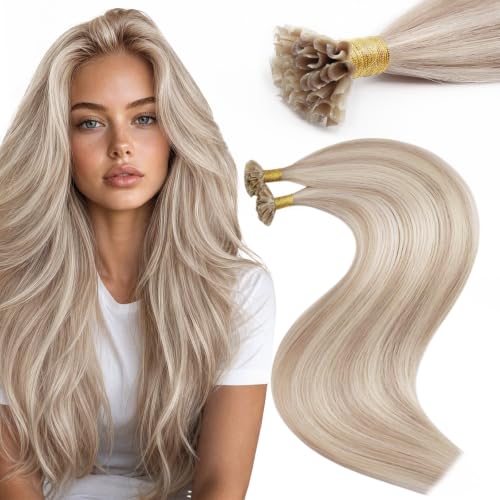Moresoo U Tip Hair Extensions Human Hair, Ash Blonde Highlight, 24 Inch