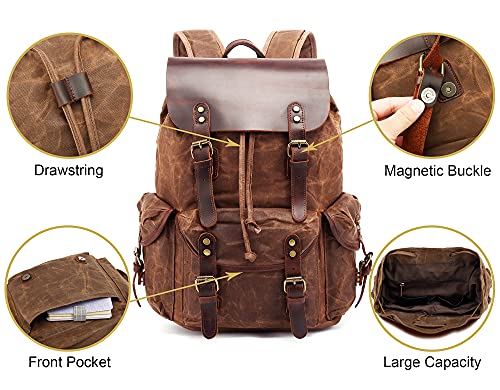 Image of HuaChen Waxed Canvas & Leather Backpack for Men Women,Vintage Travel Rucksack,Large Daypack Casual Hiking Bag - M80 Khaki