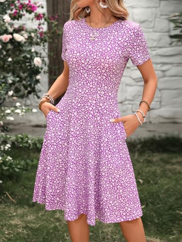 Image of Women's 2026 Fit and Flare Dress Summer Casual Elegant Vintage Floral Printed Work Party A-line Dress with Pockets 162