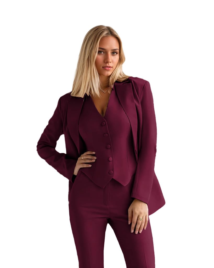 Leader Of The Beauty Women's Burgundy 3 Piece Suit Pants Set Business Casual Vest Blazer And Pant Suits With Pockets Outfits 18