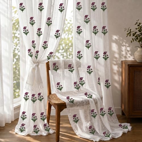 Image of LINENWALAS Decorative Cotton Linen Sheer Curtains 9 Feet for Long Door -Block Printed Door Curtain | Grommet Hanging Style Pack of 2 Panels |Light Filtering Sheer Drapes (Rose Butta)