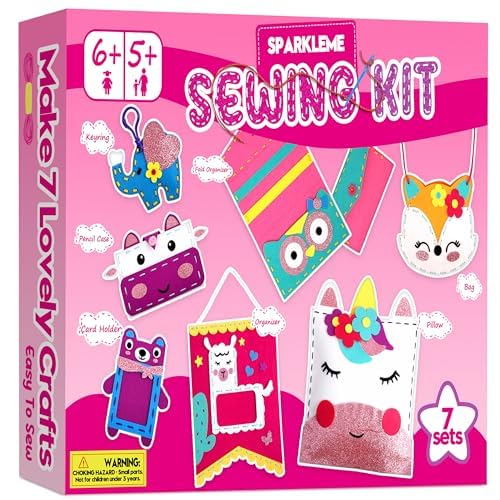 Sewing Craft Kit for Girls: DIY Felt Sewing Kit for Kids Ages 5-10, 7 Fun Projects with Stuffed Animals & Pillows, Learn to Sew Kit for Beginners,