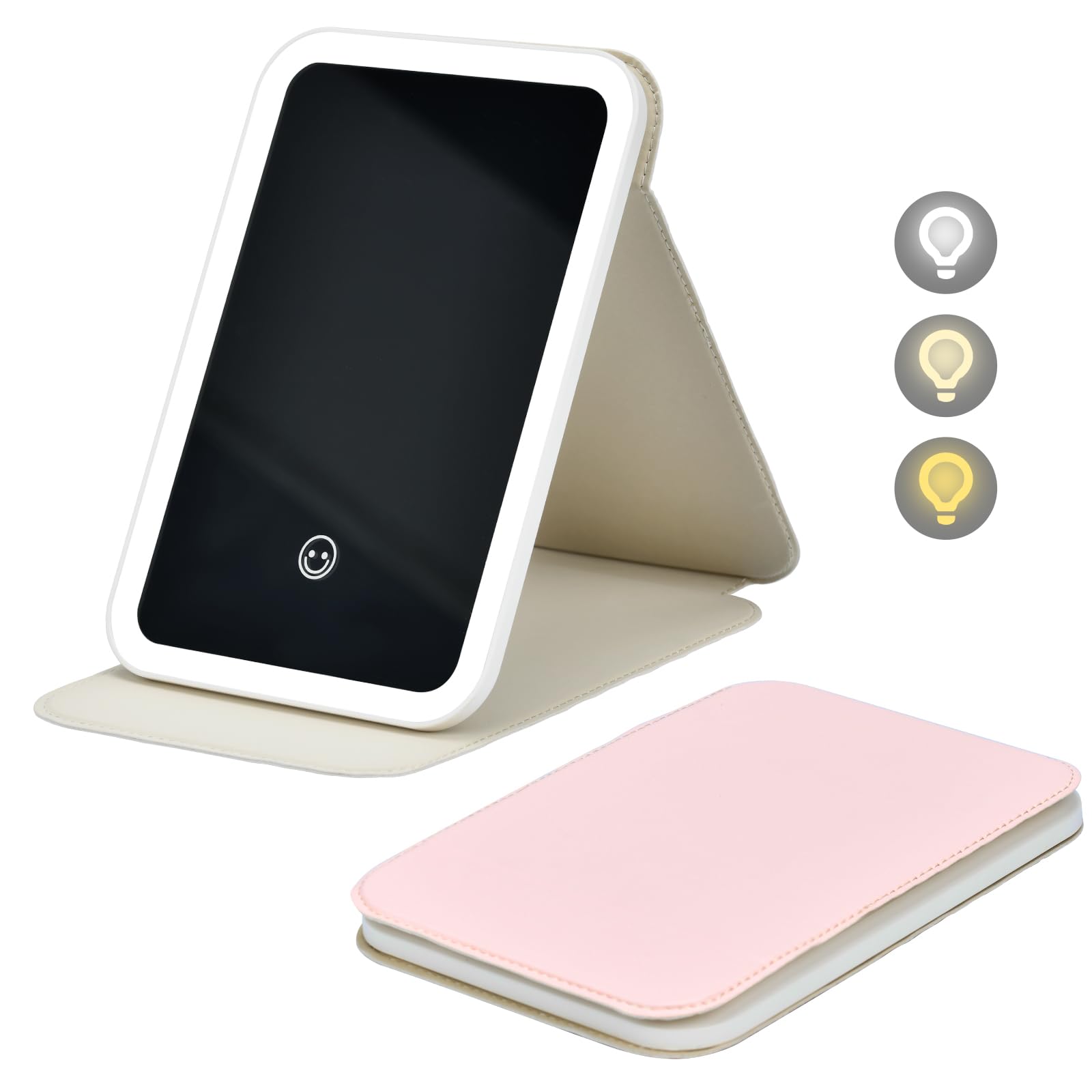 Espejo Maquillaje con Luz, Espejo Tocador con Luz Recargable, Espejo de Viaje Portátil Plegable con Iluminación de 3 Colores para Casa Viajes Camping - 1200mAh, Rosa