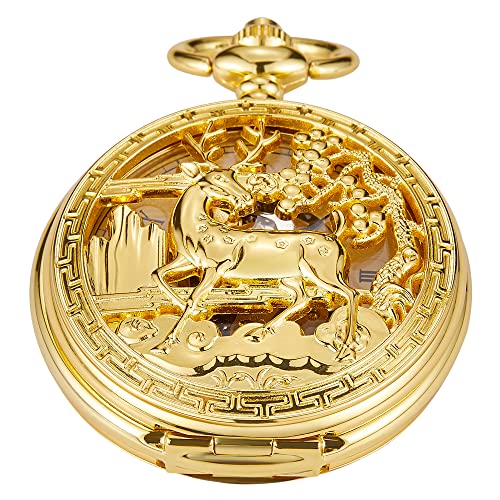 Whodoit Double Open Mechanical Pocket Watch Golden Deer Skeleton Case, Roman Numerals Mechanical Pocket Watch for Men