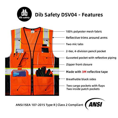 Dib Safety Reflective Vest Orange Mesh, High Visibility Vest with Pockets and Zipper, ANSI Class 2 Heavy Duty, Made with 3M Reflective Tape XL - Image 5