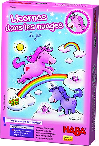 HABA Nuages, Jeu de dés enchanteur avec 60 Cristaux Scintillants pour 2-4 Joueurs âgés de 3 Ans et Plus, Joli Cadeau d'anniversaire pour Tous Les Petits Fans de Licorne, 300195