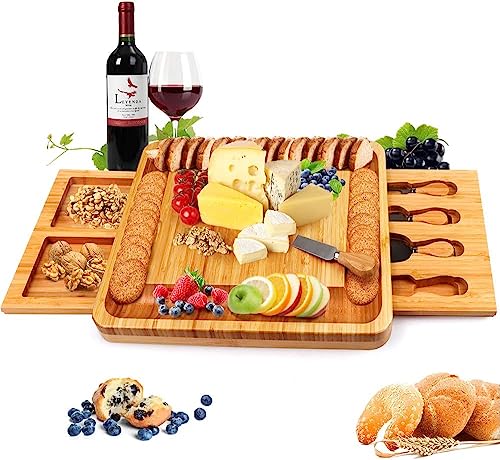 Plateau à Fromage en Bambou avec Outils à Fromage, Planche à Charcuterie, Plateau de Service pour vin, Cracker, Brie et Viande, Cadeaux Uniques pour Noël,...