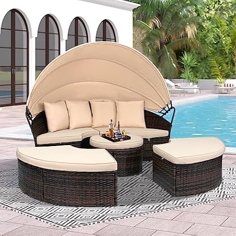 Crownland Outdoor Patio Canopy Bed Round Daybed with Washable Cushions, Clamshell Sectional Seating Wicker Furniture with Retractable Canopy for Backyard, Porch, Pool Round Bed (Brown) Cover