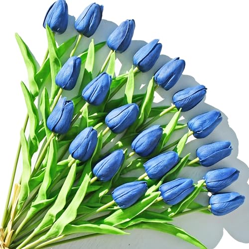 Image of ONLY ART Artificial Navy Blue Tulips 20 Pcs - 13.5 Inch PU Faux Flowers with Bendable Stems for Home Decor, Wedding Centerpieces, DIY Floral Arrangements, New Year and Valentine's Day