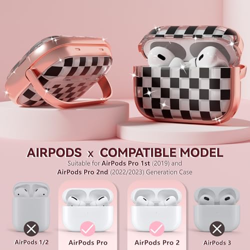 Image of Inesore for AirPods Pro 2nd /1st Case (2023-2019)-Black Checkerboard | with Safty Lock,Two-Piece Design,with Gold Keychain & Clean Pen,Support Wireless Charging,Cute Luxury Case for Women Girly