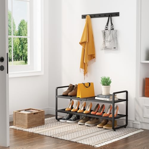 Image of SNTD Shoe Rack - Expandable Shoe Organizer for Closet, Adjustable Metal Shoe Shelf Storage, Stackable Long Shoe Stand Holder for Garage, Entryway, Door Entrance (Black, 2-Tier)