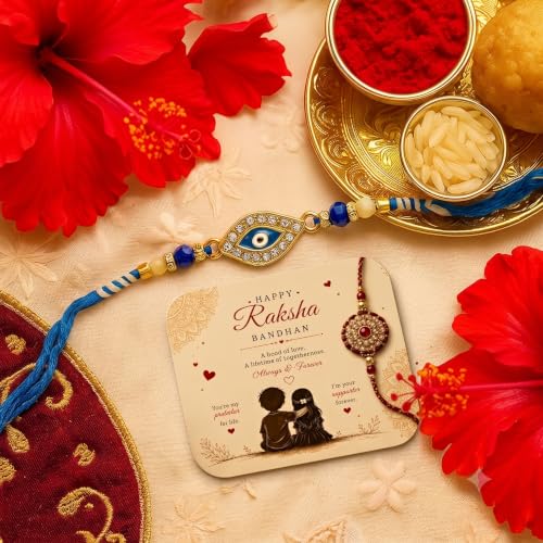 Image of PRINT BHARAT Rakhi for Brother with Coaster, Kumkum & Chawal | Traditional Beaded Thread Rakhi with Royal Kalai Thread | Raksha Bandhan Gift Hamper