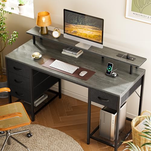 Image of Huuger 55 inch Computer Desk with 4 Drawers, Gaming Desk with LED Lights & Power Outlets, Home Office Desk with Large Storage Space for Bedroom, Work from Home, Gray