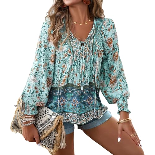 LONGBIDA Women’s V Neck Boho Long Sleeve Top Shirts Drawstring Casual Elastic Cuffs Floral Print Blouses