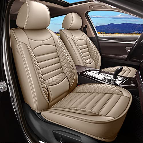 JIAMAOXIN 2 Front Car Seat Covers Fit for Volkswagen Tiguan 2009-2025 Waterproof Faux Leather Car Seat Cushion Protector Compatible Airbag Beige
