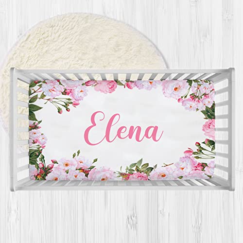 Personalized Rose Pink Baby Crib Sheets Name, Custom Floral