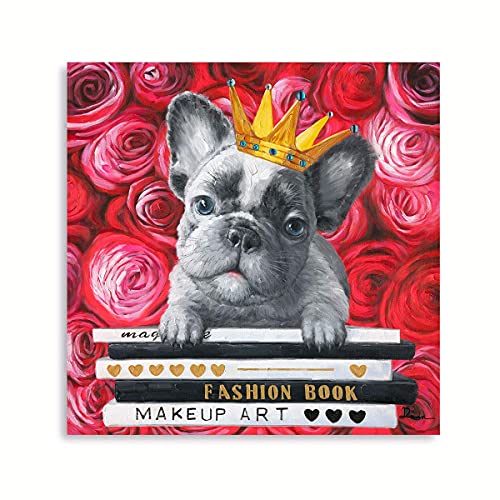 Stampa artistica da parete con bulldog francese, stampa su tela con bulldog francese e corona d'oro, stampa su tela per sala da lettura, cabina dei bambini, decorazione per la casa, 30,5 x 30,5 cm