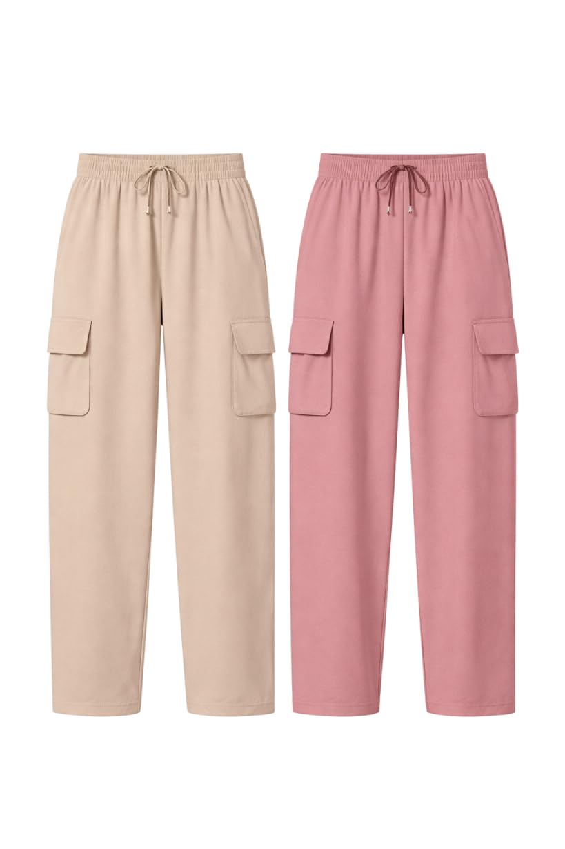 Women Cotton Blend Cargo Pants | High Waist Relaxed Fit Cargo Trousers | Drawstring Waist Casual Wear Pants for Women | Pack of 2 Cargot Pants-2-picture-53
