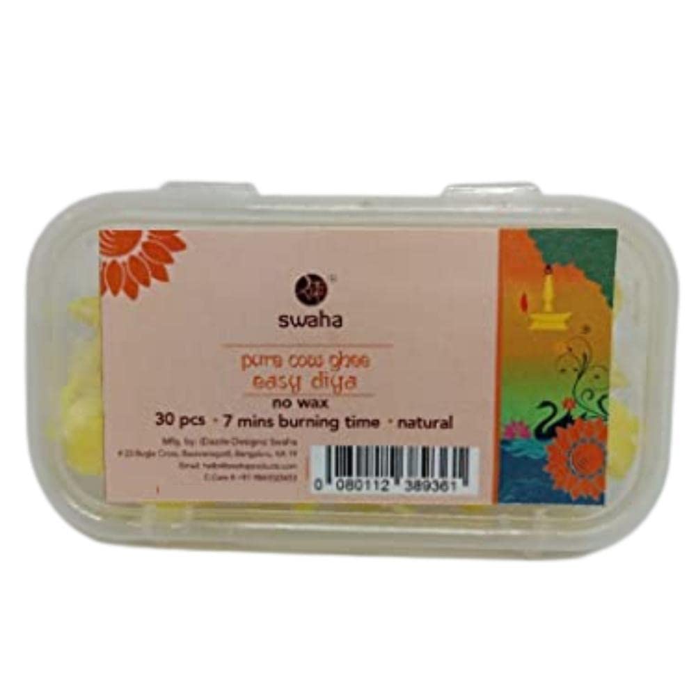 Swaha Cow Ghee Diya Batti (30 Pieces), 7min Burning Time, Wax Free Cow ghee Diya batti - Pack of 1