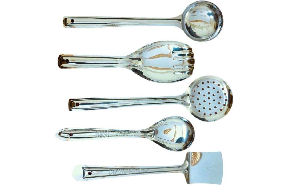 5-Piece Stainless Steel Serving Spoon Set - Heavy Gauge Kitchen Tools for Cooking - Includes Ladle, Skimmer, Spatula, Basting & Rice Spoon - Silver Utensils for Home Use 2