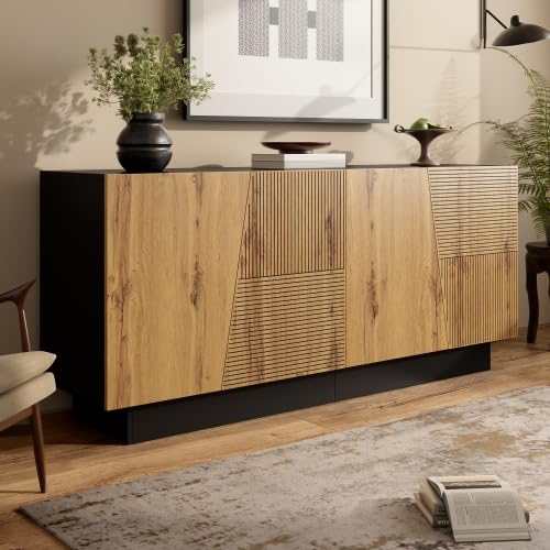 vutizal Sideboard Modern, Aufbewahrungsschrank 160 cm Breit mit Geometrischer Front & Verstellbarem Regalboden – Anrichte, Buffetschrank für Wohnzimmer, Essbereich, 160 x 40 x 72 cm