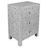 Hansa Industries Handcrafted Side Table with 3 Drawers Mother of Pearl Bone Inlay Modern Nightstand Table Beautiful Delicate Floral Pattern Furniture for Home - White with Blue Lining (24x14x12 in)